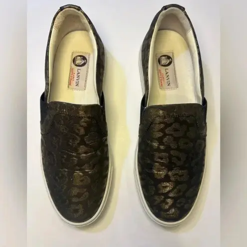 LANVIN Metallic Black Gold Leopard Slip on Brocade Sneaker shoe leather sz 37