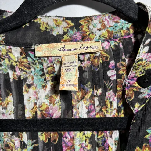 Whimsigoth Sheer Floral Black Mini Dress Tunic Pleated Waist Tie V Neck Fairy S