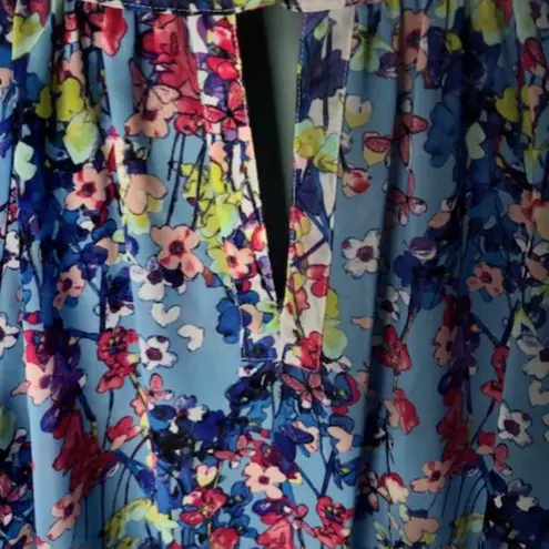 Nicole Miller XL Blue Floral Blouse V Neck Boho Festival Feminine Statement Chic