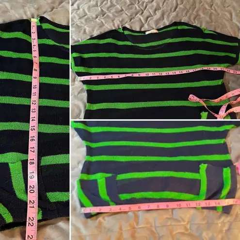 Chris & Carol Open Knit Dolman Short Sleeve Green Stripe Sweater Navy Blue S