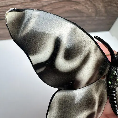 Large Rhinestone Butterfly Insect Enameled Metal Brooch Pin Enamel Black White