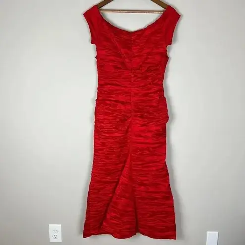Alex Evenings Gown Dress 12 Red Taffeta Off the Shoulder Formal Cocktail Sheath