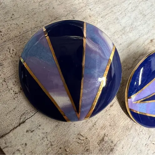 Vintage Purple Navy Gold Round Statement Earrings 80s Geometric Jewelry Blue