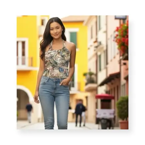 new Boho Chic ❤︎ Floral Watercolor Print Draped Halter Top ❤︎ Pin Up ❤︎ Large Blue