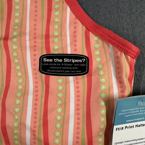 Insport Halter Tank Top Womens Medium F518 Coral Striped Print Halter Pullover Orange