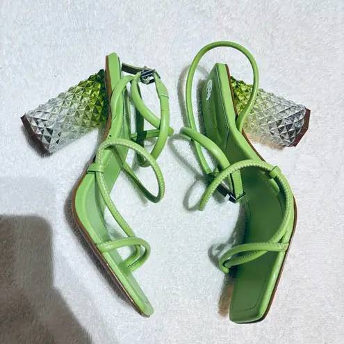 Schutz Women’s Mayte Lime Green Leather Acrylic Block Heel Sandal size 6.5