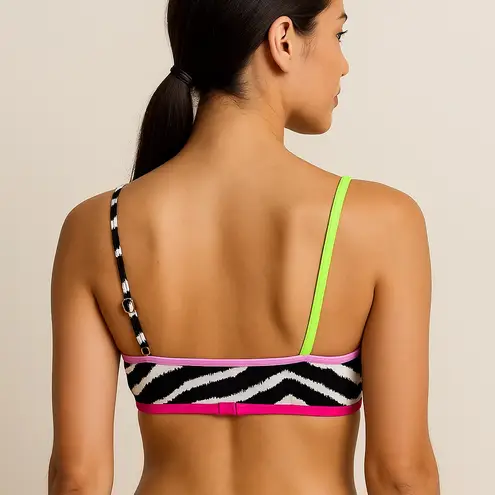 California Waves Zebra Print Bikini Top Size S One Shoulder Neon Trim