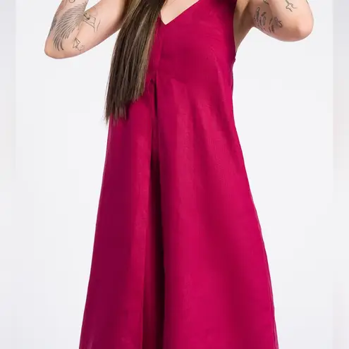Aakasha Raspberry Red Linen Front Pleated Hood Sleeveless Lagenlook Maxi Dress Size XL