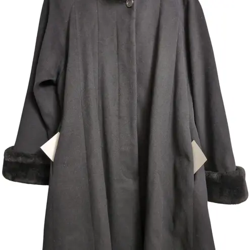 Steve by Searle Black Wool Blend Coat Faux Fur Trim Button Front Vintage XL