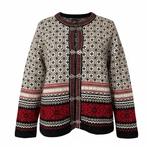 Vintage SKYR Norway Wool Cardigan Nordic Pewter Clasp Selbu snowflake medium Red