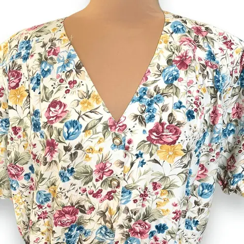 Vintage 90s Floral Romper Button Front Pockets Cream V