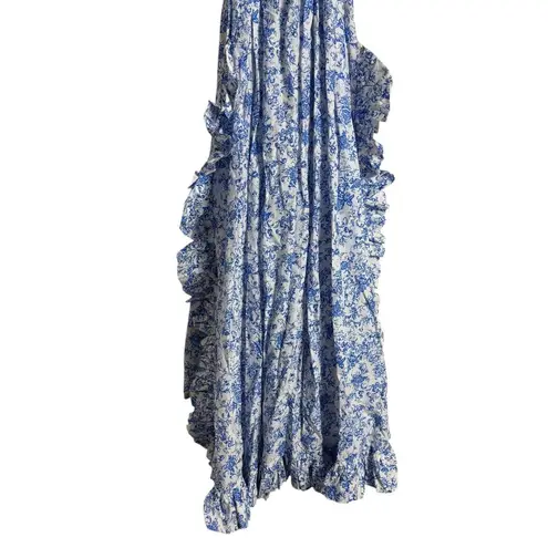 Caroline Constas Yara Blue Toile Floral Off Shoulder Puff Sleeve Maxi Dress S