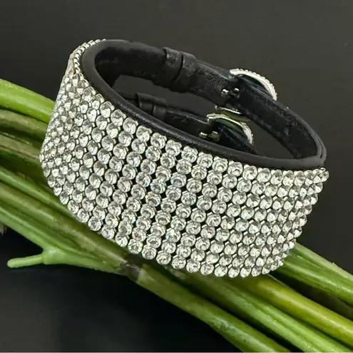 Swavorski SWAROVSKI Swan Signed Crystal Rhinestones Leather Buckle Wide Cuff Bracelet 24g.