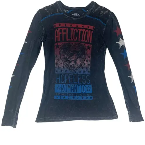 Affliction size small Women's Black Blue Star Long Sleeve Tee y2k romantic