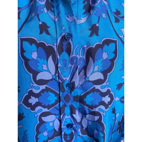 Gerard Darel Emile Floral Silk Button Up Blouse Turquoise FR 36 US 4