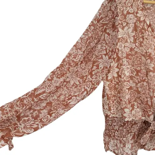 Zenobia Burnt Sienna Floral Blouse sz 2X Ruffle Cuff Tie Waist NWT Long Sleeves