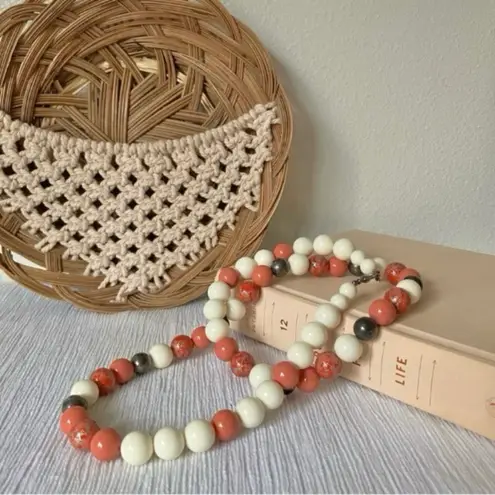 Vintage Oversized Coral White Gray Beaded Necklace “Demeter” Statement Classic Orange