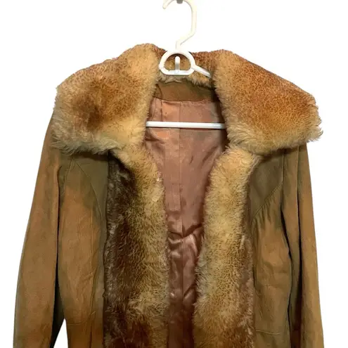 Penny Lane Vintage Scully Coat Suede with Boho Shearling Trim Brown Camel 10