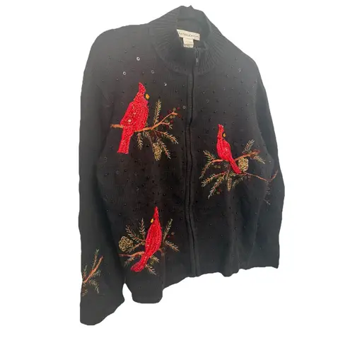 DRAPERS & DAMONS Black Christmas Cardigan Cardinals Size Large Sequins