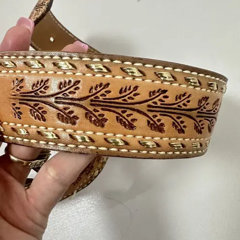 Cowhide Belt Womens 34” Tan Gold Floral Tooled Leather Personalized Vintage
