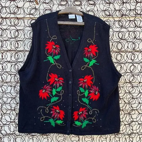 Vintage 90s Y2K appliqué poinsettia beaded sweater vest volup 26W/28W