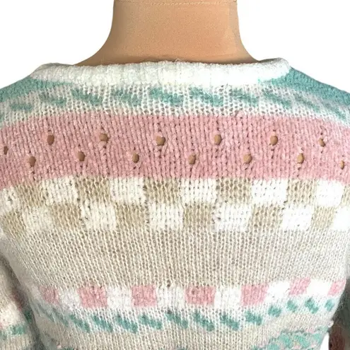 Vintage 90s Sweater Oatmeal Light Pink Mohair Open Weave Checkered Crewneck Knit Tan Size L