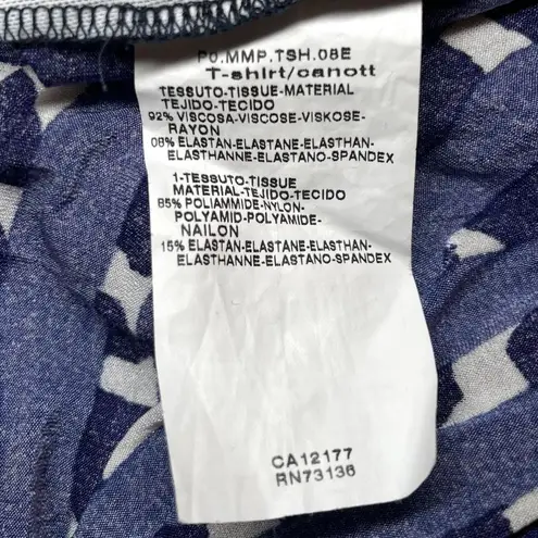 Max Mara Blue White Abstract Print Long Sleeve Ruched Top Blouse Stretch Size M