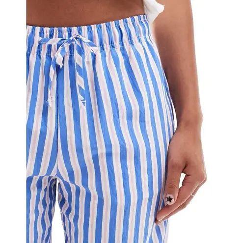 Bershka tie waist wide leg linen look trousers in blue & pink stripe Size M