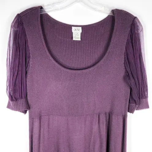 Cache  Medium Sweater Dress Purple Knit Sheer Sleeves Above Knee Shift Scoop 1296