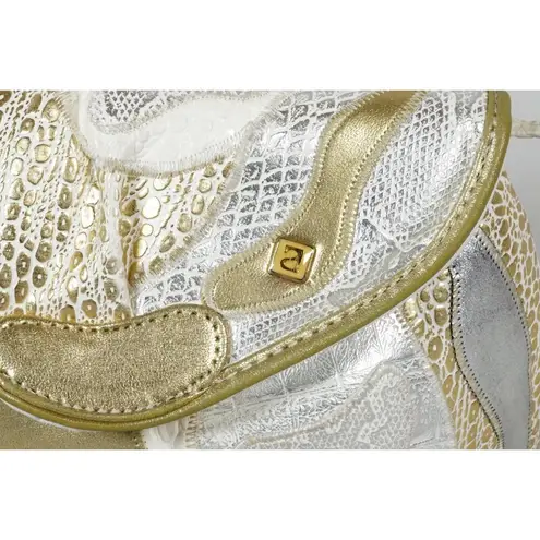 NAS Ivory Gold Silver Metallic Textured Leather Crossbody Bag Vintage 80s