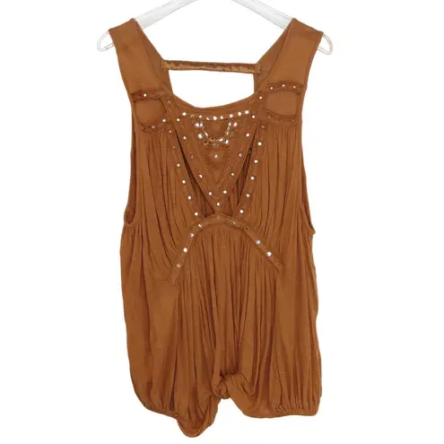 Free People  Burnt Orange Bohemian Cut Out Embellished Sleeveless Top Small