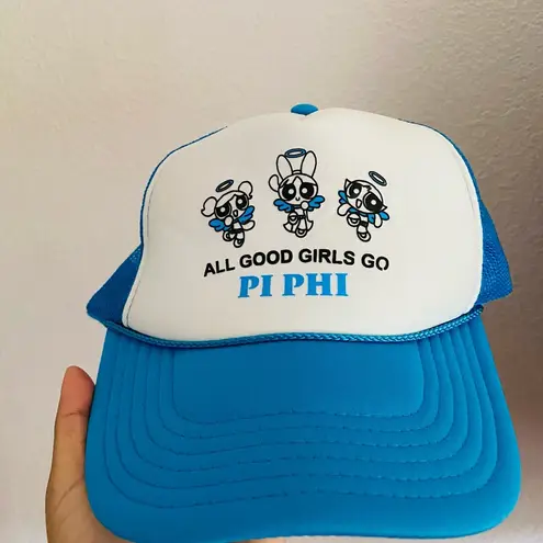 VTG 90s y2k blue trucker hat sorority power puff girls pi phi one size adjust