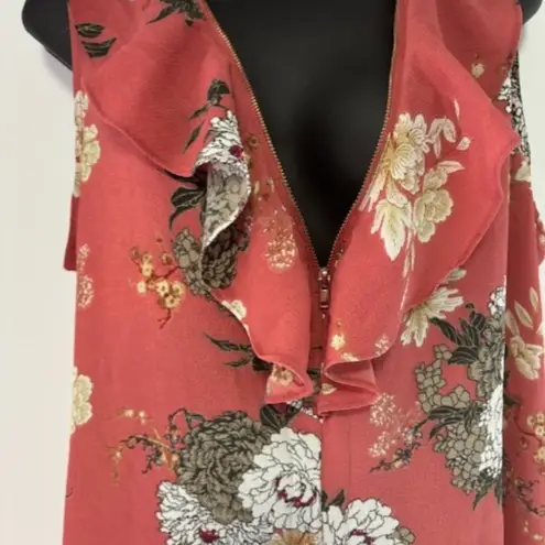 Tempted Los Angeles L Ruffle Plunging V Neck Zip Cottagecore Floral Coral Pink Red Size L