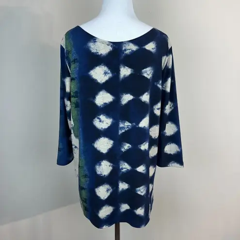 Clara Sun Woo Top Small Blue Green Gray Artsy Pattern Jersey Stretch 3/4 Sleeve