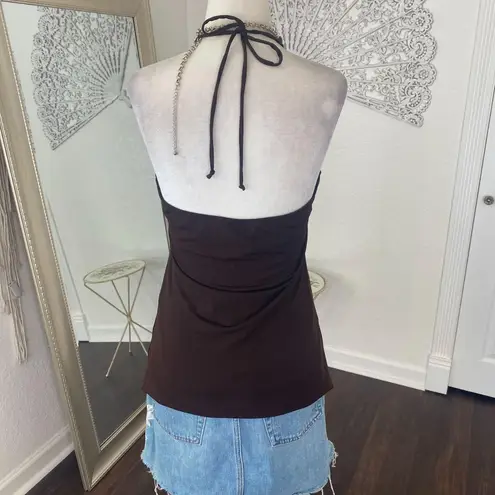 BCX Made in USA Early 2000's Dark Brown Cinched Babydoll Rhinestone Halter Top L
