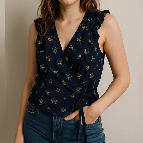Likely Topaz Navy Floral Wrap Ruffle Sleeveless Top Size Medium Revolve