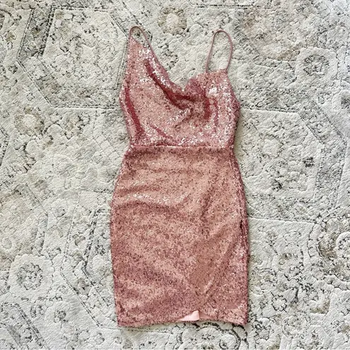 Saints + Secrets NWT  Sicily Asymmetrical Cowl Neck Sequin Mini Dress Blush sz XS