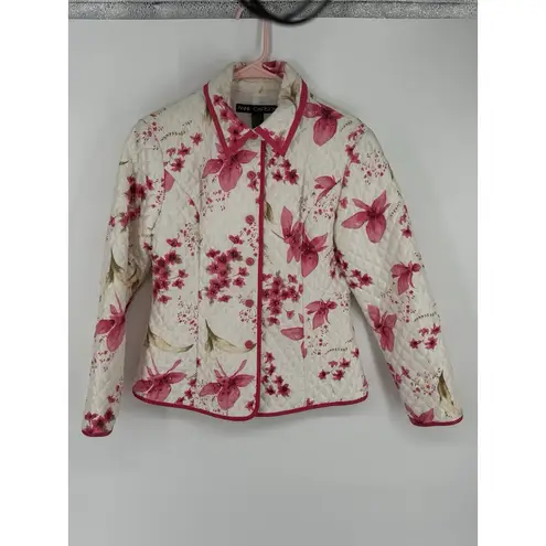 Anne Carson Women's Size Large Quilted Jacket 100% Silk Pink Floral Sequins