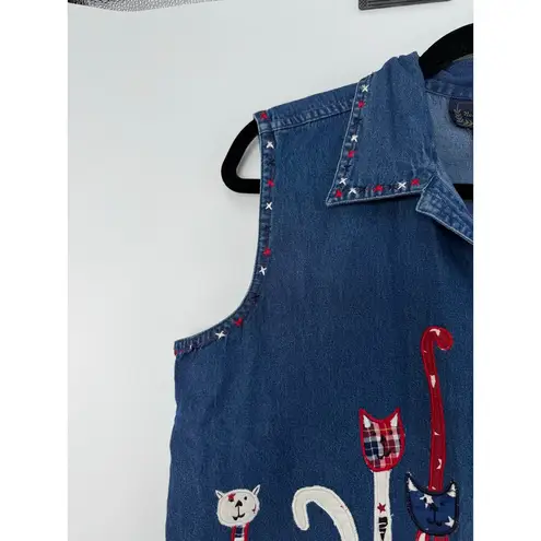 Vintage New Directions Denim Vest Women L Cat Embroidered Patriotic USA July 4th Blue Size L