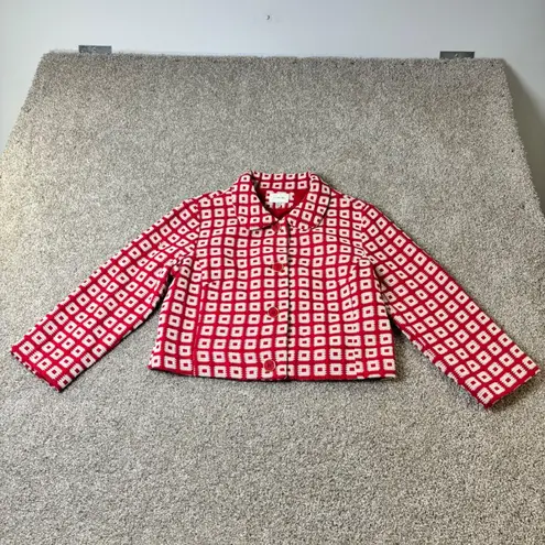 I love H81 Cropped Jacket Geometric Print Button Up Red White Womens Size L Size L