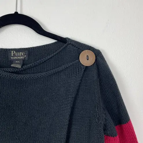 Pure Hand Knits Woman's M/L Red Black Striped Wrap Front Sweater Lagenlook Size M
