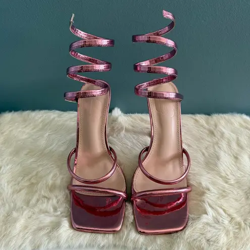 Cape Robbin  Women’s Pink Metallic Open Toe Wrap Around Heels - Image 3