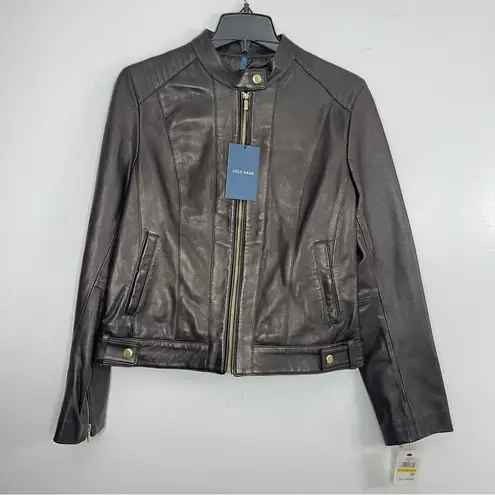 Cole Haan  356M2185 Size M Snap Neck Racer Lambskin Leather Jacket Dark Espresso