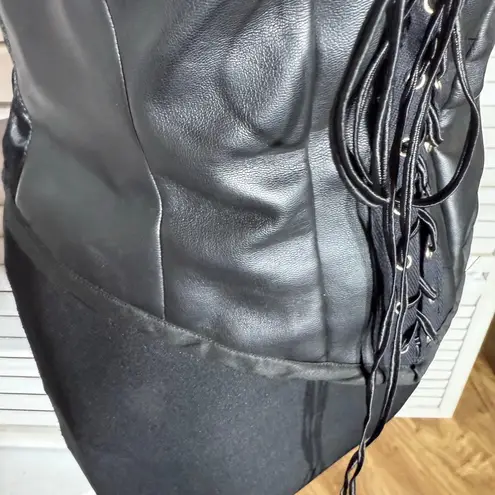 Pirate costume Corset Top Blouse Faux Leather Satin Bell Sleeves Black/ White M Black Size M