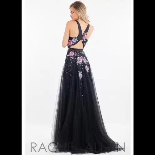 Rachel Allan 7511 floral black tulle high neckline two piece prom dress NEW 0