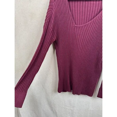 Open Edit Size S Ribbed Knit V-Neck Long Sleeve Top Burgundy Asymmetrical Neck