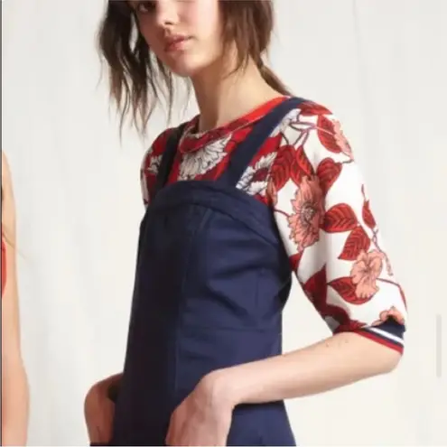 Warm NY Floral Top with Contrast Striped Rib Trim Blue Size M