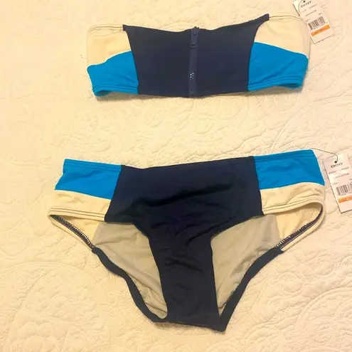 DKNY NWT  Swimsuit Bikini Bandeau center Zipper in blue, white , teal