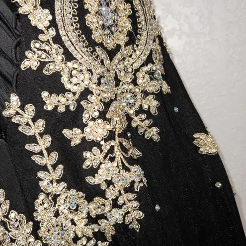 Lucci Lu NWT Abby Paris Black Gold Tulle Mermaid Crystal Embellished Gown 10