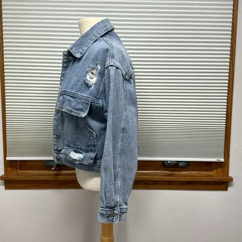 Princess Polly  Distressed Denim Cropped Button Down Jean Jacket Size 2